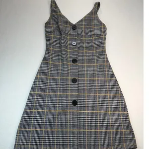 Grey‎ Yellow Plaid Button Front Mini Dress Sleeveless V-Neck A-Line Pinafore thumbnail 4
