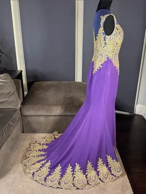 Women’s Purple Formal Evening Gown Gold Accents Mermaid Fit Train Size 10 NWT thumbnail 6