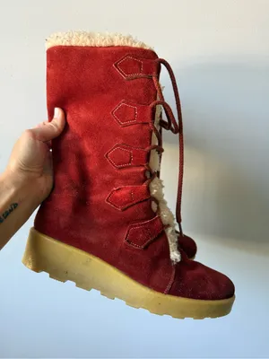 American Vintage Vintage 70s Leather Sherpa Wedge Chunky Eskimo Boots Red Teddy Winter Boots 8 thumbnail 12