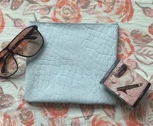 Real leather carry all pouch makeup bag holds a lot light blue unisex bag thumbnail 1