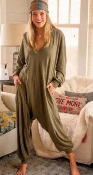 Natural Life Johnnie Plunge Jumpsuit Olive Green V Neck Slouchy Harem Lounge XS thumbnail 1