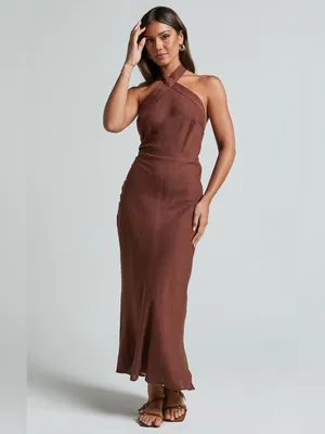 SHOWPO Maelynn Linen Twist Halter Neck Low Back Slip Dress In Chocolate thumbnail 3