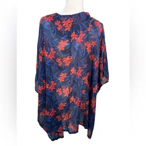Denim & Co. Women's Beach Tie-Front Cover-Up Top Navy Blue Tropical L/XL thumbnail 2