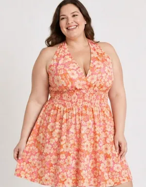 Madden NYC Womens Plus 3X Tropical Floral Halter Mini Smocked Dress Pink Orange thumbnail 1