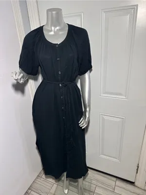 Marine Layer Erin Shirt Dress M Black Cotton Gauze Button Front Midi Puff Sleeve thumbnail 3