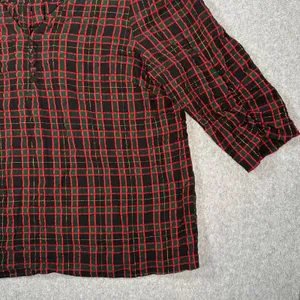 LOFT Shimmer Holiday Plaid Shirred V-Neck Blouse Women's Large 3/4 Sleeve thumbnail 4