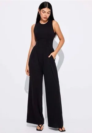 Cider Black Solid Sleeveless Wide Leg Jumpsuit Size XL NWT thumbnail 1