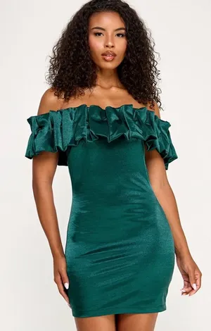 NWT City Studios Junior’s Off-Shoulder Ruffle Bodycon Dress in Deep Green thumbnail 1