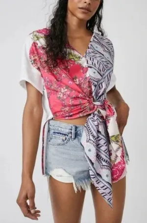 Free People Knot Me Floral Geometric Scarf Mix Media Tie-Front Blouse Top L thumbnail 1