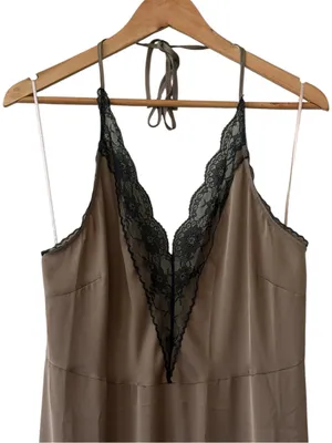 ANTHROPOLOGIE Lace Halter Midi Satin Slip Dress Taupe Size XL NEW thumbnail 8