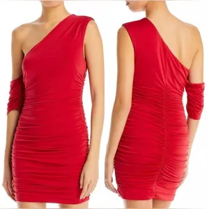 AQUA One Shoulder Ruched Bodycon Mini Dress Red Formal Glam NWT‎ L thumbnail 2