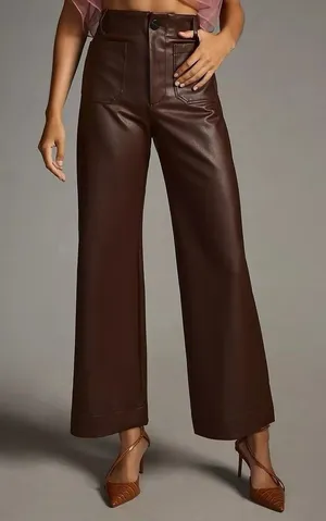 Anthropologie Wide-Leg Pants Brown Faux Leather Stretch Pockets Women's Tall 28T thumbnail 1
