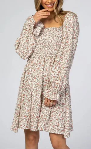 Bohme Ivory Smocked Floral Print Mini Dress Women Small Romantic Prairiecore thumbnail 1