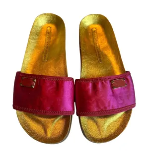 Marc‎ By Marc Jacobs Logo Tag Slides Metallic Pink Sandals Shoes Sz 8 #S46-8 thumbnail 1
