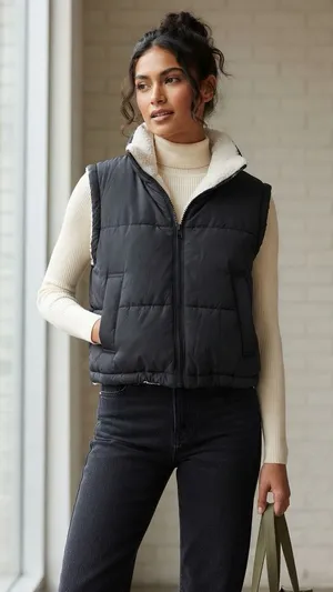 Altar'd State Reversible Black Puffer Vest Cropped Sherpa Fleece Lined XS thumbnail 1