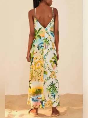 Farm Rio Tropical Floral Slip Dress in Yellow, Blue & Green Size Small thumbnail 2