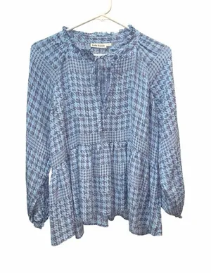 Roller Rabbit Top M Blue Gray Muted Houndstooth Print Tie Detail Long Sleeve thumbnail 1