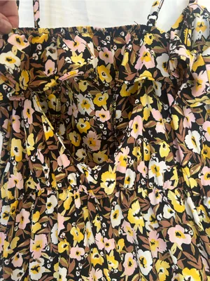 NWT Floral Ruffle-Trim Maxi Dress in Brown, Pink & Yellow, side slit, SZ Large. thumbnail 8