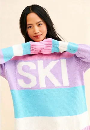Show Me Your Mumu XL Striped SKI Logo Chunky Knit Oversized Crewneck Sweater thumbnail 1