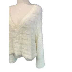Fuzzy Eyelash Knit Sweater Ivory Shaggy Y2K Coquette Dee Elly Small Crop V Neck thumbnail 2