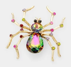 New Womens Boutique Multi-Colored Crystal Gold Halloween Spider Pin Brooch thumbnail 1