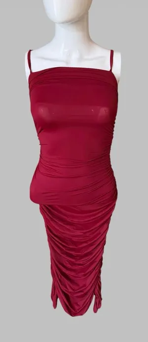Sleeveless Ruched Midi Dress in Burgundy - Women Dresses Midi thumbnail 1