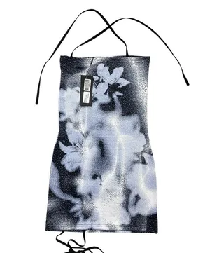 MUSINSA | Blue & White Floral Flower Print Bodycon Halter Dusty Mini Dress thumbnail 5