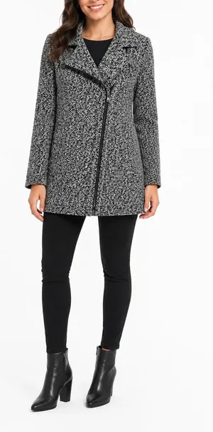 JustFab Black & White Marled Textured Asymmetrical Zip Coat 2X NWT thumbnail 1