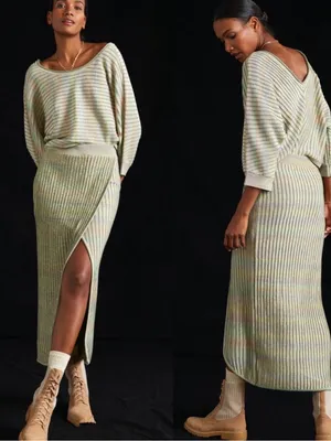 SET Anthropologie Daily Practice Knit Top And Skirt Green Ribbed Size Large L thumbnail 2