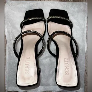 Schutz Shoes Embellished High Heel Sling Back Sandals Black Suede Sz 8 M thumbnail 3