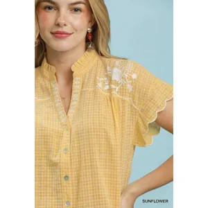 Umgee Embroidered Print‎ Scallop Sleeve Button Front Blouse - Sunflower - Small thumbnail 4