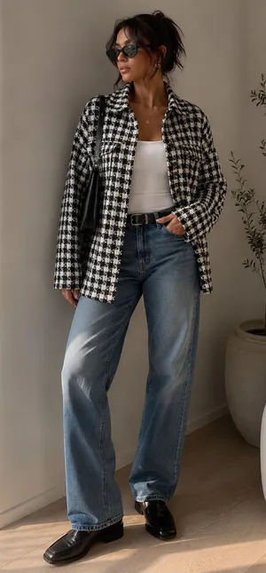 Shoedazzle Black & White Houndstooth Bouclé Shacket Jacket Oversized Medium thumbnail 1