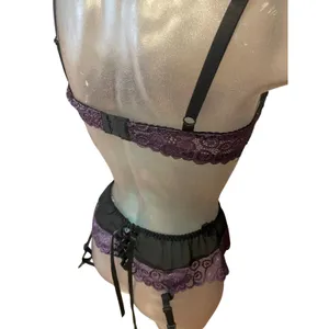 Vintage ESCANTE 2 pc lingerie set balconette bra garter belt purple lace small s thumbnail 5