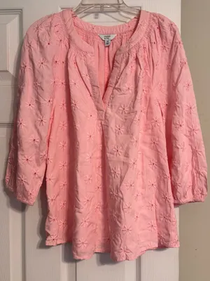 Crown & Ivy Pink Daisy Eyelet Embroidery 3/4 Sleeve V-neck Cotton Blouse Size XS thumbnail 1