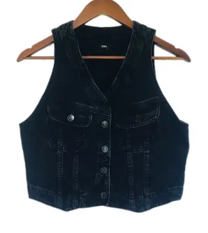 EDWIN Women’s Black Denim Button‎ Front Biker Vest Motorcycle Western Size Small thumbnail 1