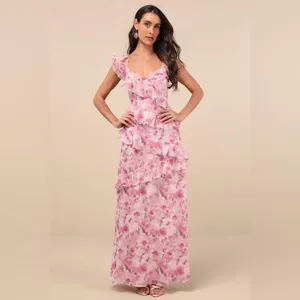 Lulus Evangeline Pink Floral Ruffled Maxi Dress thumbnail 4