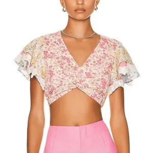 LoveShackFancy Kielle Crop Top Size Medium Pink Floral Twist Front Ruffle Sleeve thumbnail 1