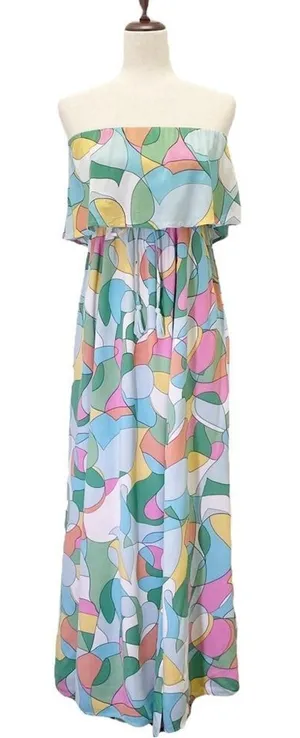 Japna Strapless Flounce Top Summer Maxi Dress Retro Aqua & Pink Print Size Small thumbnail 1
