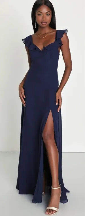 Lulus Sweetest Entrance Navy Blue Ruffled Tie-Back Maxi Dress Size XL NWT Formal thumbnail 1