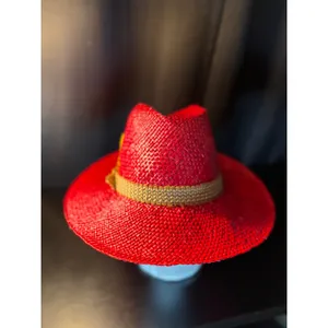 Vintage Red Woven Straw Fedora Hat with Yellow Feather and‎ Buckle Detail thumbnail 4