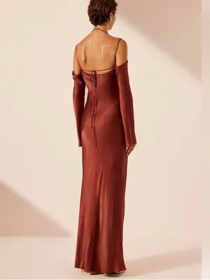 Shona Joy Lino Off Shoulder Tie Maxi‎ Dress Mahogany thumbnail 2