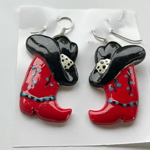Cowboy boots hats dangle resin earrings hand painted. thumbnail 2