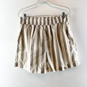 Aerie Cotton Striped Pull On Smocked High Waisted Shorts Beige White Large thumbnail 3