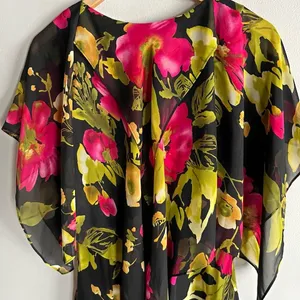 Vicky Tiel Black Floral Chiffon Midi Dress Flutter Sleeve Wedding Guest M thumbnail 8
