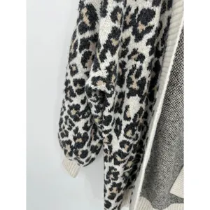 LOFT Leopard‎ Print Cardigan Sweater S Cream Open Front Cozy Knit Preppy Chunky thumbnail 5