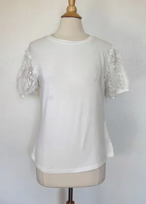 Ontwelfth Solid White Ruffle Sequin Short Sleeve Top thumbnail 1