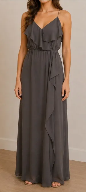 Nouvelle Amsale Drew Gray Chiffon Ruffle Wrap Spaghetti Strap Slip Dress Size XL thumbnail 1