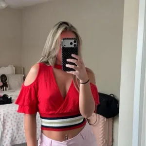 Red striped crop top with a cold shoulder cutout thumbnail 3