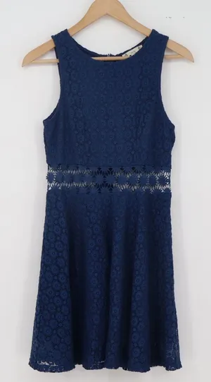Iris Dress Womens L ID1670 Navy Blue Floral Lace Crochet Cutout Waist Excellent thumbnail 1