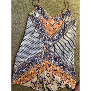 Twelfth‎ Street by Cynthia Vincent Boho Mixed Print Romper Orange Blue V-Neck thumbnail 5